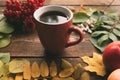 Warming coffee or tea harvest autumn wood concept