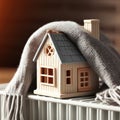 Warming home in Winter, small house model in a warm knitted scarf