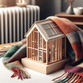 Warming home in Winter, small house model in a warm knitted scarf