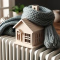 Warming home in Winter, small house model in a warm knitted scarf