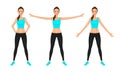 Warming-up fit pretty woman in blue crop top and leggings. Smiling sport girl in different poses training. Vector character.