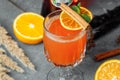 Warming winter cocktail with aperol. Hot aperol. Cocktail For New Years and Christmas. Christmas winter cocktail with aperol