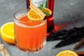 Warming winter cocktail with aperol. Hot aperol. Cocktail For New Years and Christmas. Christmas winter cocktail with