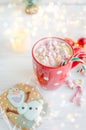 warming winter cocoa with marshmallows, gingerbread and dry fruits on xmas day