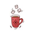 Warming winter drink and dessert. Red mug with hot chocolate or cocoa and marshmallows. Hand drawn vector concept. Color doodle