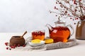 Warming winter drinks and winter teas on a light background. Health and nutrition concept