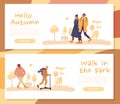 Warmly dressed people on fall header banner set