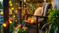 Warmly Lit Balcony with Wooden Chair, Candles, and String Lights