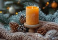 A warmly lit candle on a wooden stand enveloped by a chunky knit blanket and frosty pinecones, set against a backdrop of twinkling