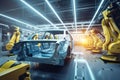 Warmly lit car manufacturing assembly line, capturing a moment of collaboration between human and robotic workers