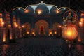 Warmly lit lantern on a realistic Ramadan themed background