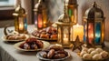 Ramadan Iftar Table Setting With Lanterns, Dates, And Traditional Sweets For Muslim Holiday Celebration Royalty Free Stock Photo