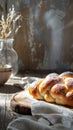 the warmth and allure of freshly baked braided bread resting on a rustic kitchen table, with plenty of empty space for