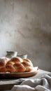 the warmth and allure of freshly baked braided bread resting on a rustic kitchen table, with plenty of empty space for