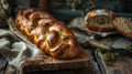 the warmth and allure of freshly baked braided bread resting on a rustic kitchen table, with plenty of empty space for