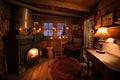 warmth of candlelight and glow of fire in cozy cabin, perfect for