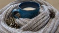 Warmth and comfort in a hot cup and a knitted scarf Royalty Free Stock Photo