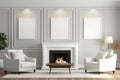 The warmth of a cozy living room is accentuated by three blank white mockup frames above a fireplace. AI Generated