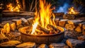 Warmth of a crackling fire in a stone fire pit surrounded by rocks. Generative AI Royalty Free Stock Photo