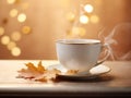 Warmth and Elegance: Porcelain Cup of Spiced Chai with Golden Ginkgo Leaves on a Pearl Canvas