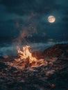 Warmth radiates from a campfire, casting eerie, obscure shadows under the bright moonlight