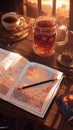 A cozy scene with a steaming cup of tea, an open journal, and a warm sunset view through a window