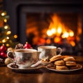 Warmth and Togetherness: Cozy Christmas Tea by the Fireplace Royalty Free Stock Photo