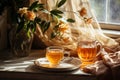 Warmth and tranquillity captured in a vintage teapot and teacup arrangement by the window, hygge concept, AI Generated