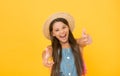 Warn atmosphere. summer weather forecast. vacation time. small girl wear straw beach hat. fashion and beauty. childhood Royalty Free Stock Photo