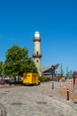 The Landmarks of Warnemuende, old lighthouse and building Teepott