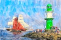 Warnemunde Lighthouse at pier on Baltic Sea. Sailing ships are passing by. Watercolor illustration Royalty Free Stock Photo