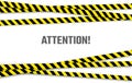 Warning banner with important message. Attention ribbon. Police black and yellow striped scotch tapes. Shop special