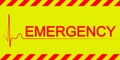 Warning banner sticker emergency, red and yellow diagonal stripes, vector sign symbol heartbeat text emergency