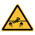 Warning beware of jellyfish icon on white background. sea jellyfish and swimmer on the sign. flat style