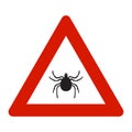 Warning, beware of ticks vector illustration. Tick insect in the prohibition stop sign. Camping signs isolated on white Royalty Free Stock Photo