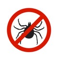 Warning, beware of ticks vector illustration. Tick insect in the prohibition stop sign. Camping signs isolated on white Royalty Free Stock Photo