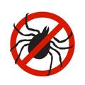 Warning, beware of ticks vector illustration. Tick insect in the prohibition stop sign. Camping signs isolated on white Royalty Free Stock Photo