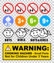 Warning Caution - Choking hazard small parts - not suitable for children under 3 years - sign vector illustration labels