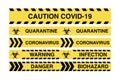 Warning coronavirus quarantine yellow and black striped tapes isolated on white background. Vector seamless design