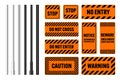 Warning, danger signs, attention banners with metal poles. Orange caution sign, construction site signage. Notice
