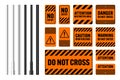 Warning, danger signs, attention banners with metal poles. Orange caution sign, construction site signage. Notice