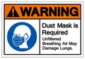 Warning Dust Mask is Required Breathing Unfiltered Air May Damage Lungs Symbol Sign, Vector Illustration, Isolate On White