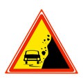 Warning falling rocks sign isolated on white background. Yellow triangle danger sign with car and stones landslide silhouette.