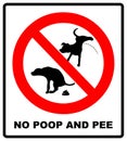 Warning forbidden sign no dog peeing and pooping. Vector illustration isolated on white. Red prohibition symbol for public places.