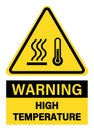 Warning, high temperature. Yellow triangle sign with the simbols of thermometer and heat waves. Text. Royalty Free Stock Photo