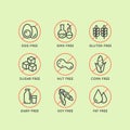 Warning Label Icons. Allergens Gluten, Lactose, Soy, Corn, Diary, Milk, Sugar, Trans Fat. Vegetarian and Organic symbols. Food Int Royalty Free Stock Photo