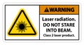 Warning Laser radiation,do not stare into beam,class 2 laser product Sign on white background Royalty Free Stock Photo