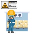 Warning low temperature, freezing conditions. Worker with a cold jacket to enter a cooling tunnel. Prevention of work accidents.