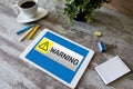 Warning message sign on screen. Virus detection security breathe hardware or software trouble. cyber security concept. Royalty Free Stock Photo