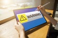 Warning message sign on screen. Virus detection security breathe hardware or software trouble. cyber security concept. Royalty Free Stock Photo